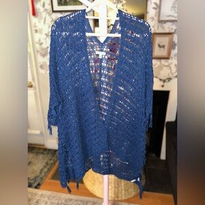 Women's Blue Open-Knit Sweater with tassels